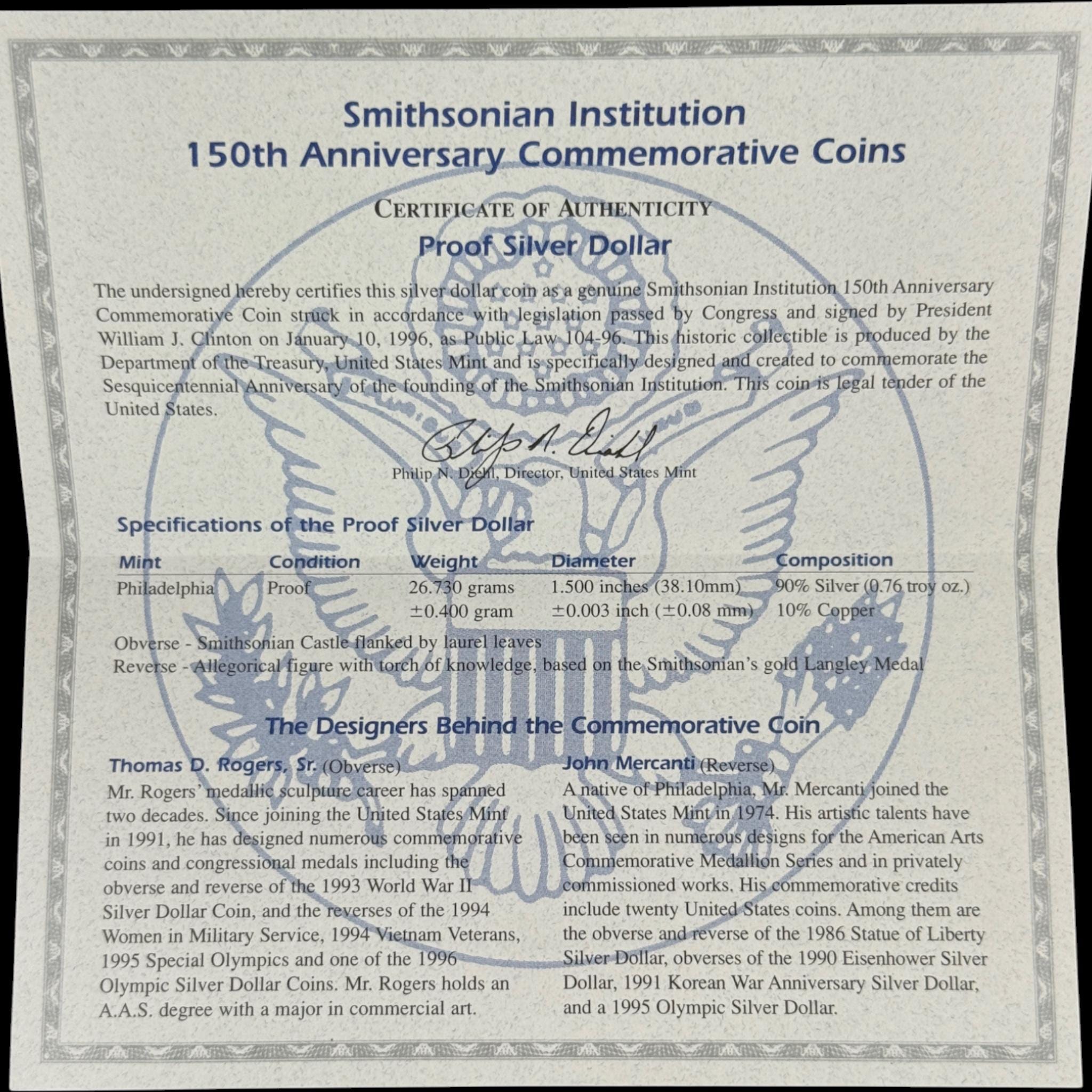 1996 Smithsonian Institution 150th Anniversary Proof Silver Dollar