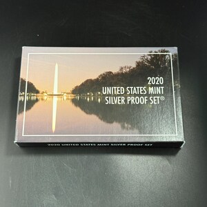 May include: A 2020 United States Mint Silver Proof Set box. The box features a scenic image of a monument reflecting in water, with the text "2020 UNITED STATES MINT SILVER PROOF SET®".