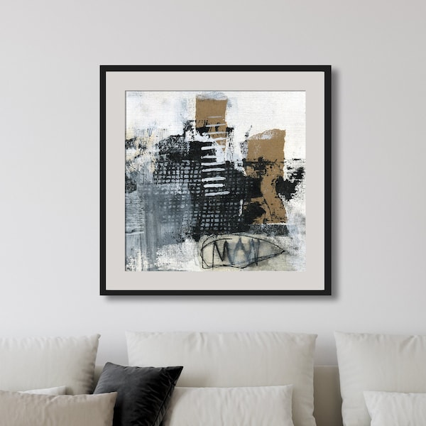 Mixed Media Abstract Art, Neutral Masculine Painting, Collage Artwork, Modern Printable, Large Square Wall Art, Home or Office Art