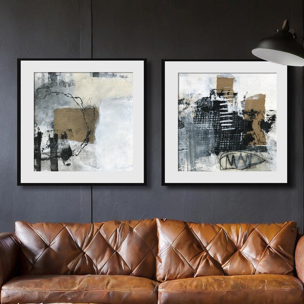 2 Piece Wall Art Masculine, Neutral Paintings Set of 2, Printable Artwork, Set of Two Abstract Prints, Modern Mixed Media Wall Decor, 24x24