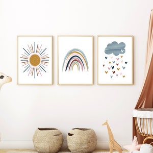 3 Piece Wall Art, Boho Girls Nursery, Boho Sun Art, Rainbow Cloud, Nursery Printable, Kids Wall Art
