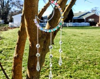 Pride rainbow quartz wire wrapped mini silver crescent moon suncatcher with austrian crystal chandallier beads and icicle crystals