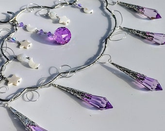 Whimsical silver cloud suncatcher with purple prism crystal and icicle crystals, howlite moons and stars, Preciosa crystal bicone beads
