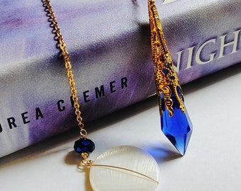Crystal & chain bookmarks - available in gold or silver, icicle crystals with decorative cone bead caps and a variety of charms/glass beads