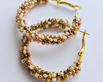 Neutral palate mixed metals fall autumn beaded wire wrapped hoop earrings made with rose gold, gold, white and bronze glass seed beads