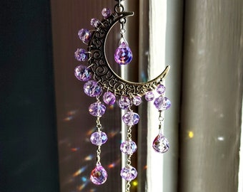 Crescent moon silver car charm rear view mirror suncatcher light reflecting rainbow prism hippie boho decor lavender purple crystals