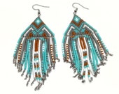 Beaded native American fringe style dangle earrings brick stitch with stainless steel chain accent and hypoallergenic earring post