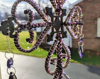 Purple bead wire wrapped cross with drop crystals and chandelier crystals silver toned metal accents handmade home decor gift idea