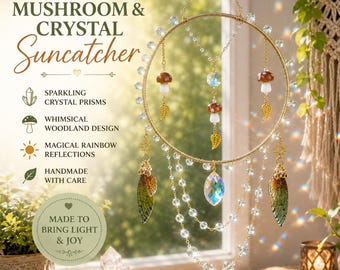 Handmade Mushroom Crystal Suncatcher: Wire Wrapped Butterfly Wings, Rainbow Prism Decor