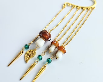 Ear wrap cuff no piercing dangle gold chain spike beads glass garden mushroom lampwork emerald green crystal accents