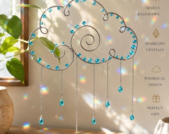 Silver and blue crystal cloud wire suncatcher with aqua Czech crystal drops