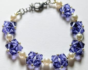 Adjustable! Preciosa crystal bracelet with glass pearls - hand sewn with SILVER stainless steel lobster clasp and extender chain