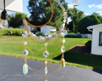 Aquamarine and gold crescent moon suncatcher