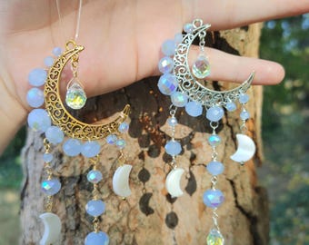 Crescent moon car charm mini suncatcher sparkly decor holiday witchy gift gold silver howlite gemstone wire wrapped teardrop crystals