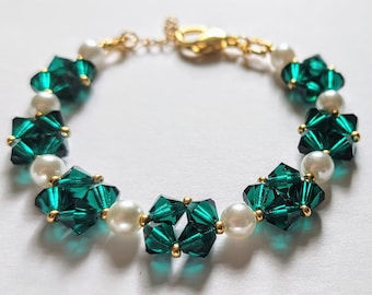 Adjustable! Preciosa crystal bracelet with glass pearls - hand sewn with 18k gold lobster clasp and extender chain, beaded tennis bracelet