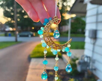 Crescent moon gold car charm rear view mirror suncatcher light reflecting rainbow prism hippie boho decor frosted aqua blue crystal beads