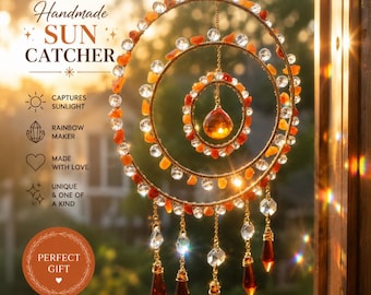 Handmade Gold Sun Catcher: Orange Agate, Glass Beads, Icicle Crystals Fall Decor