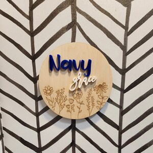 Floral Engraved Nursery Sign: Custom Acrylic Name, Birch Wood
