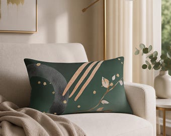 Emerald Green Lumbar Pillow: Abstract Floral Watercolor Accent Pillow