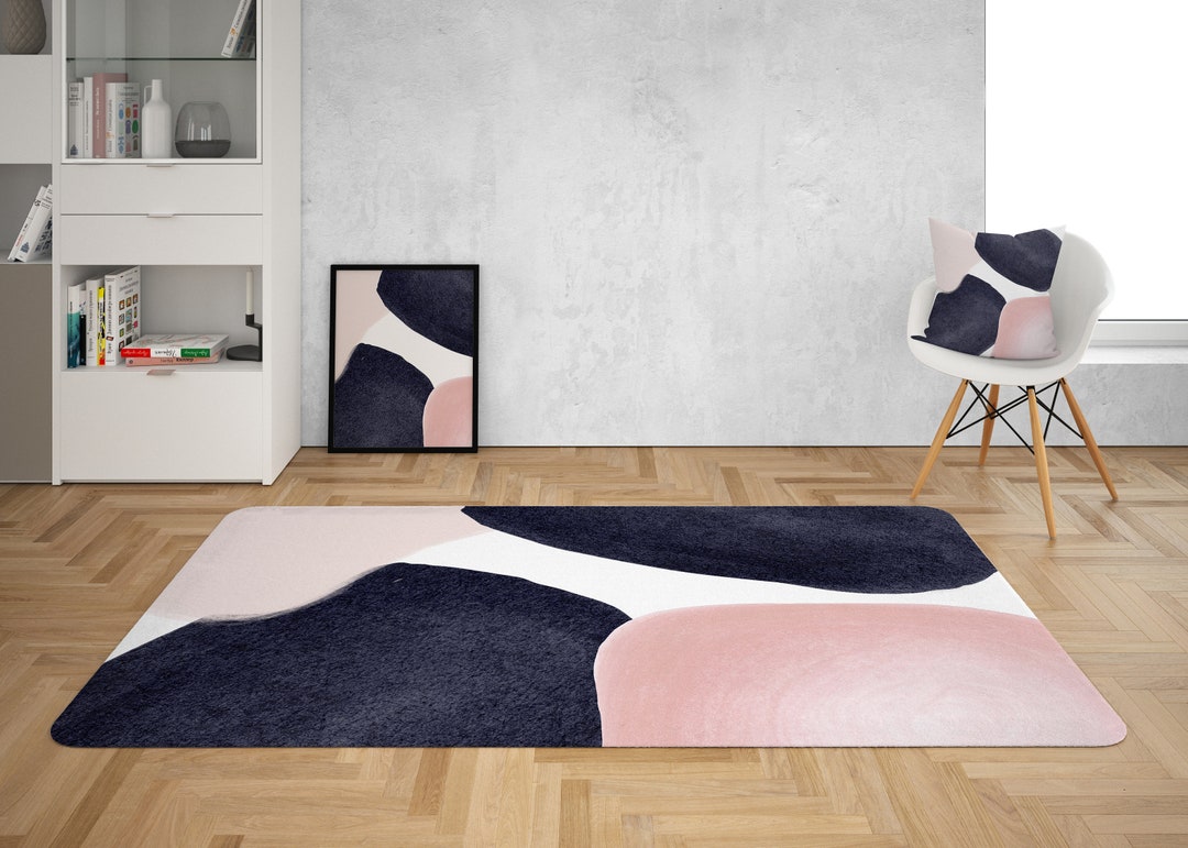 Boho Area Rug Abstract Navy Blue White Blush Pink Modern Etsy