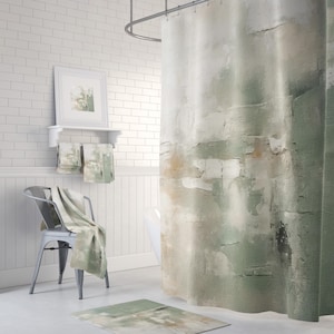 Boho Shower Curtain, Bath Mat, Hand, Bath Towel | Bathroom Set | Rustic Abstract Sage Green, Beige Grey  | Minimalist Watercolor Home Decor