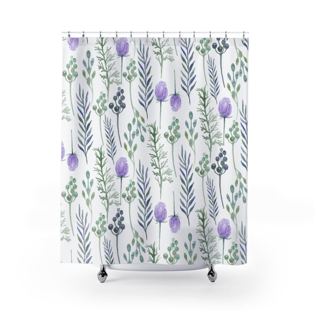 Purple Floral Shower Curtain - Watercolor Farmhouse Style With Butterflies | 70x70 Inches & Waterproof