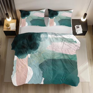 Abstract Duvet Cover, Boho Bedding, Emerald Green Beige , Dusty Pink, Ombre Watercolor, Simple Minimalist, Queen King Duvet Cover