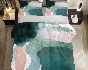 Emerald Green Duvet Cover | Blush Pink Teal Abstract Boho Queen King Twin