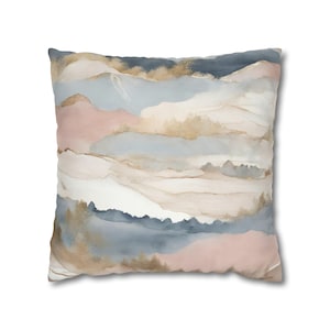 Abstract Throw Pillow | Pastel Landscape | Dusty Smokey Blue, Blush Beige Pink, White Muted Gold |  Pillow with Insert Living Room