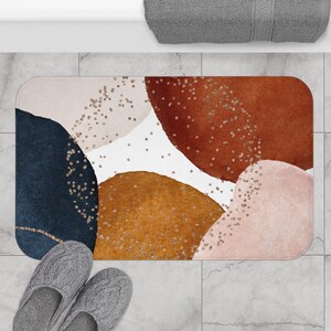 Abstract Bath Mats and Rugs, Boho Chic, Navy Blue, Blush, Soft Pink, beige and Rust Copper in Watercolor, Minimalist Fancy Bathroom  RnB