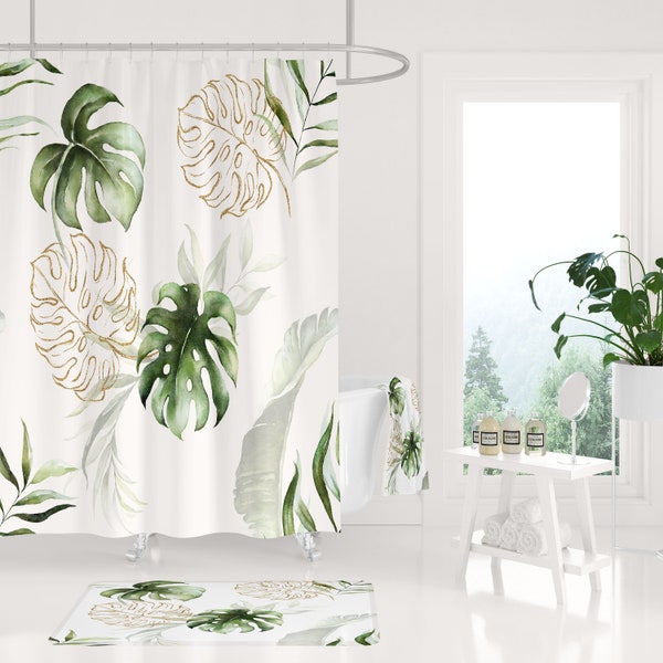 Boho Shower Curtain and Bath Mat, Bath, Beach Towel, Sage Green Gold, Monstera Tropical Leaves, Bathroom Set, Modern Floral Bathroom Decor