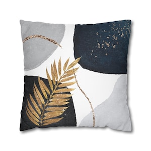 Abstract Couch Throw Decorative Pillow | Grey Navy Blue, White Beige Gold Leaf Watercolor Modern Mid Century | Living Room 20x20 24x24