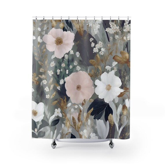 Tenda Doccia In Tessuto Con Fiori Di Campo Ad Acquerello - Blu E Beige, Moderna, Minimalista, Con Ganci, 12 Occhielli, Lavabile, Decorazione Bagno