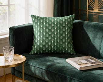 Funda de almohada verde Art Déco: elegante diseño geométrico.