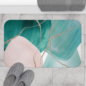 Boho Chic | Abstract Bath Mat and Rug, Emerald Teal Green, Blush Pink, beige Beige, Fancy Elegant Unique Art, Watercolor, Bathroom Decor Set