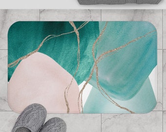 Boho Chic | Abstract Bath Mat and Rug, Emerald Teal Green, Blush Pink, beige Beige, Fancy Elegant Unique Art, Watercolor, Bathroom Decor Set