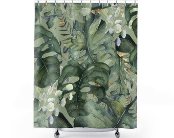 Cortina de ducha bohemia, selva tropical, hojas de monstera, verde bosque dorado, acuarela moderna, decoración de baño rústica