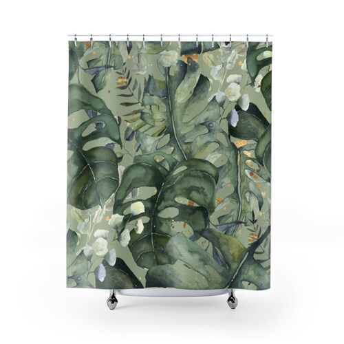 Boho Shower Curtain Forest Emerald Green Beige Abstract Etsy