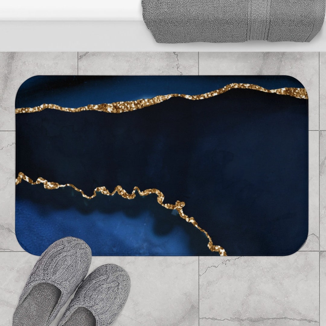 Bohemian Bath Mat and Rug, Navy Ombre Blue and Beige Agate Quartz