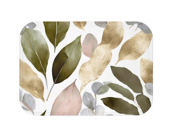 Abstract Watercolor Leaves Bath, Kitchen Mat | Green Beige Non Slip Bath Mat