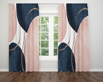 Abstract Art Window Curtains, Navy Blue, Dusty Pink, Beige  Watercolor Bedroom Living Room, Kitchen 50x84” Single Double Panels Treatments