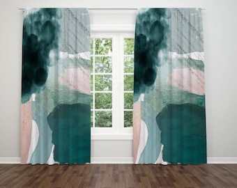 Boho Chic Window Curtains, Abstract Emerald Green, Blush Pink, In Watercolor, Pastel, Ombre Colors 50"X84”, Window Treatments