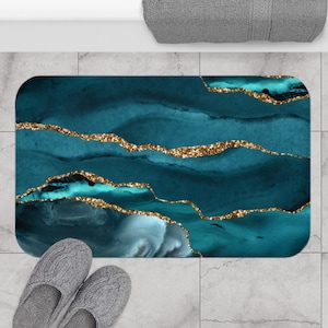 Teal Agate Marble Bath Mat: Boho Watercolor Bathroom Decor