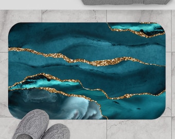 bohemian bath mat and rug, Teal Blue Green, and beige Agate Quartz, Marble Fancy Luxury in Watercolor Print Bathroom Decor