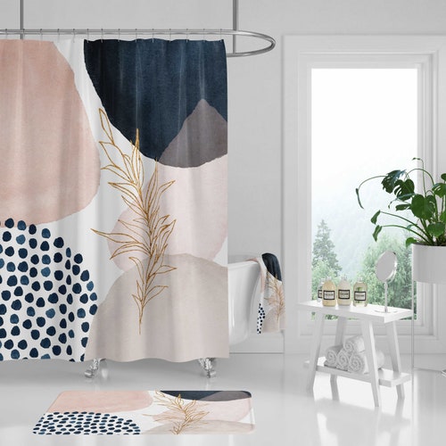 Boho Shower Curtain Bath Mat Towel Set Abstract Navy Rust Etsy