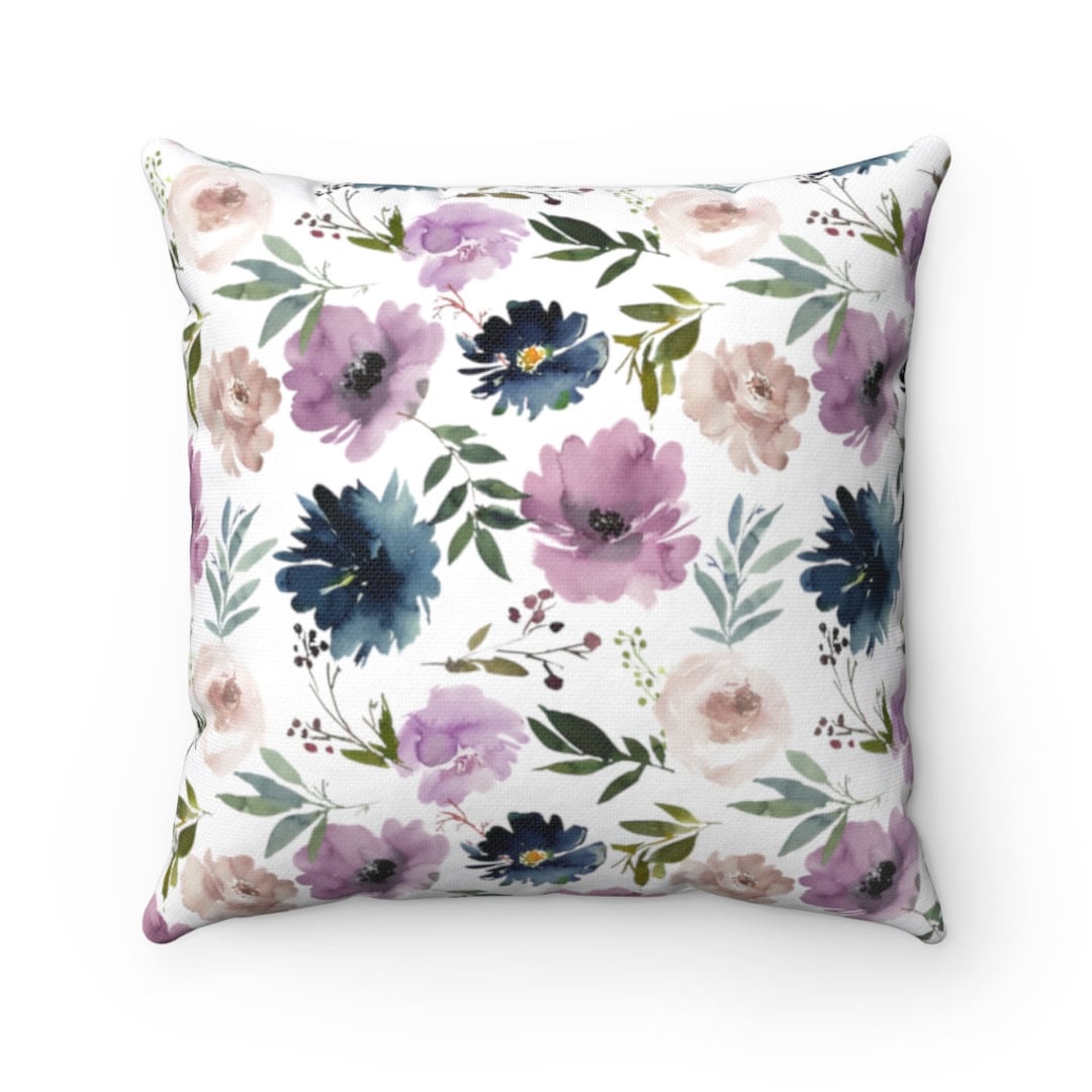 Watercolor Floral Pillow Cover Navy Blue Mauve Lilac Violet Etsy