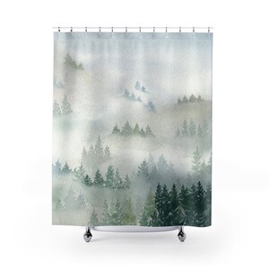 Landscape Shower Curtain, Green Bath Curtain Fir Spruce Woodlands, Pine Trees, Forest Scene, Watercolor Bathroom Water Resistant