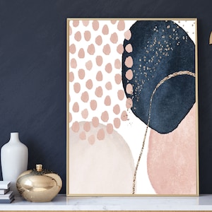 Abstract Art Wall Decor, Ivory, Navy, Blush Pink, and Gold Geometric in Watercolor, Mid Century, Boho Chic, Bedroom, Office Wall Art