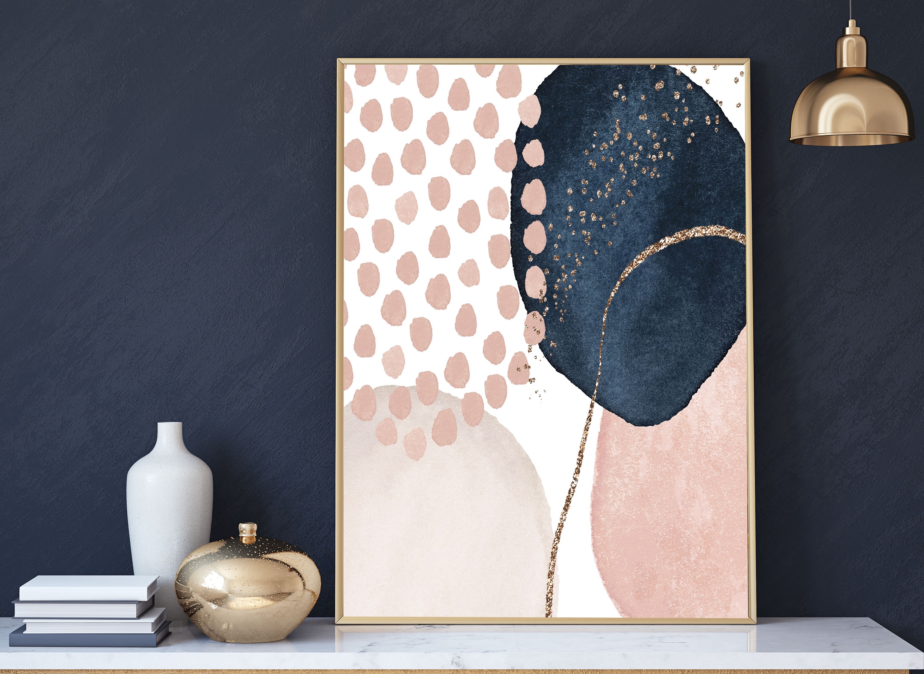 Abstract Art Wall Decor, Ivory, Navy, Blush Pink, and Gold Geometric in Watercolor, Mid Century, Boho Chic, Bedroom, Office Wall Art AbL