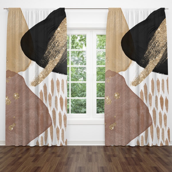 Abstrakte Gardinen | Neutral Schwarz Weiß Braun, Beige Gold | Mid Century | Modernes Aquarell 50 x 84", Schlafzimmer, Wohnzimmer Vorhänge